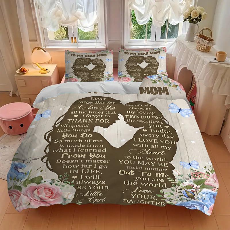 3PCs Mother's Day Gift Design Cover Set, Breathable Fabric, Machine Washable (1 Duvet Cover + 2 Pillowcases) (Without Quilt) yy250911084