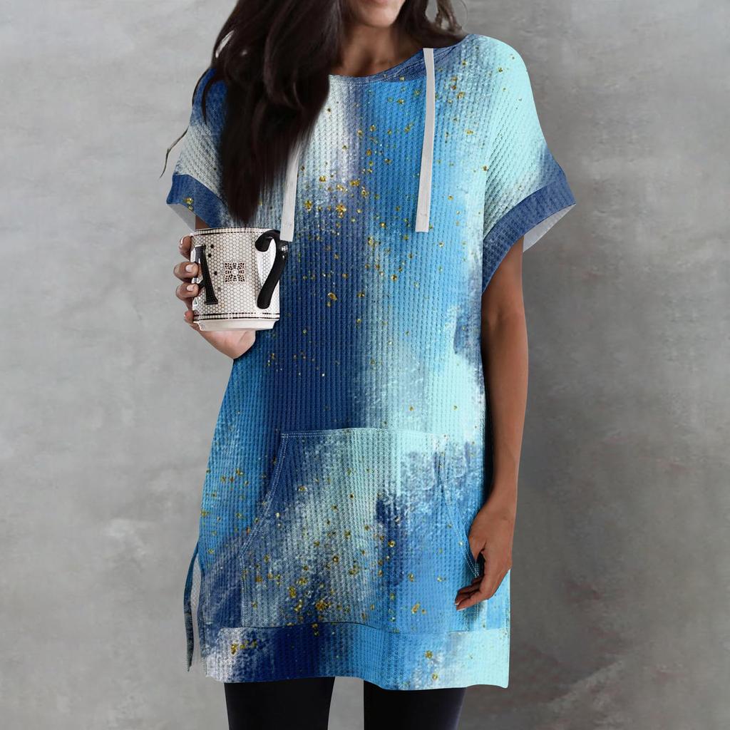 Женские свободные рубашки с принтом, толстовки с короткими рукавами и шнурком, вязаная туника с боковыми разрезами, топы с капюшоном и карманом