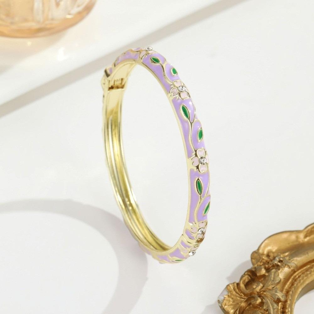 Metal Cloisonne Bracelet Retro Enamel Flower Bangle Closed End Enamel Bracelet Ethnic Style
