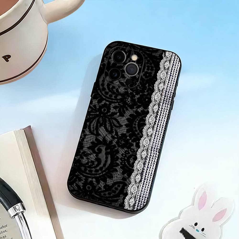 Элегантный черный дизайн с кружевным принтом Чехол для телефона Для iPhone 17,16,15,14,13,12,11 Plus,Pro Max,XS,Мягкий силиконовый черный чехол