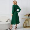Spring and Autumn Women's Dress Solid Color Long Sleeve Slim Temperament Elegant Pleated Belt V-Neck Dresses
