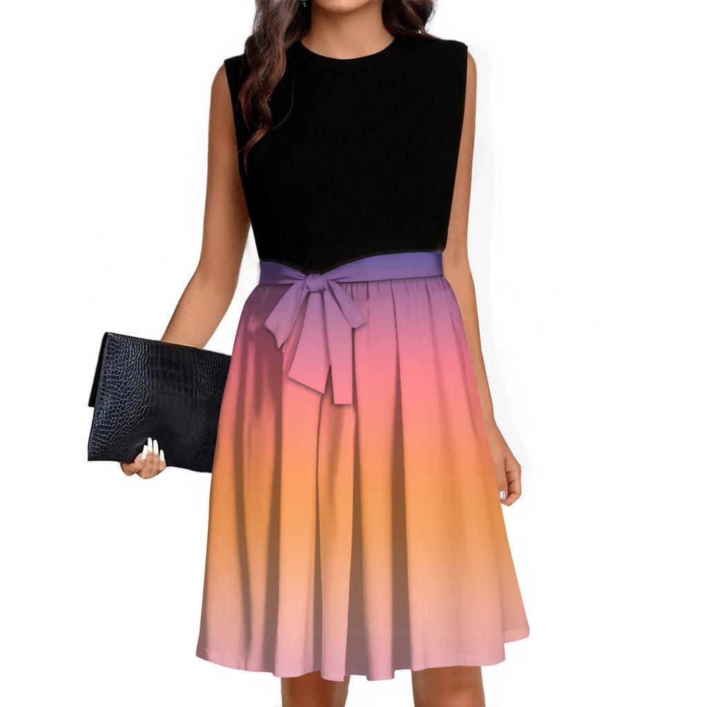 Women's Fashion Casual Lace-up Sleeveless Round Neck Splicing Short Dress