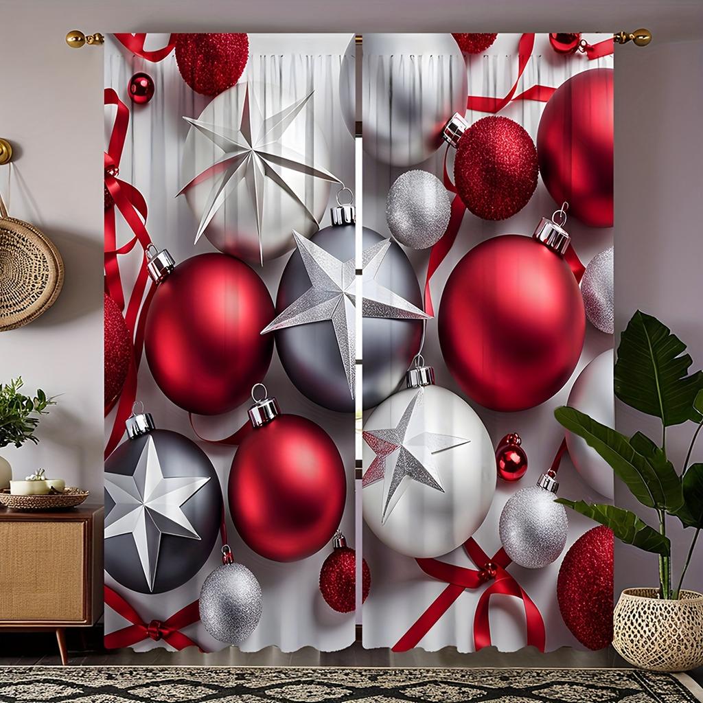 2pcs Set of Festive Christmas Curtains with Red Green Ornaments Digital Printed, Rod Pocket Design for Living Room Bedroom Decor