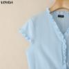 VONDA Летние женские повседневные футболки с V-образным вырезом, коротким рукавом и оборкой по низу, облегающие топы