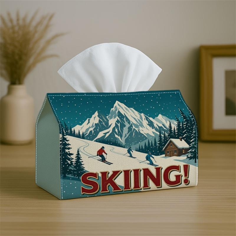 1pc Tissue Box Holder with Landscape Design-Blue Winter Sport Ski,Durable Polyester,Ideal for Kitchen,Living Room,Bedroom,Bathroom,Car-Holiday Decor,