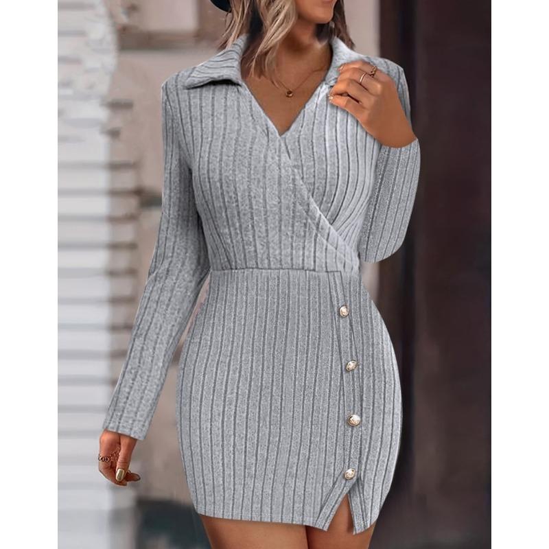 YYFS Women's Fashion Fall Winter Solid Color Print Long Sleeve POLO-Neck Casual Dresses