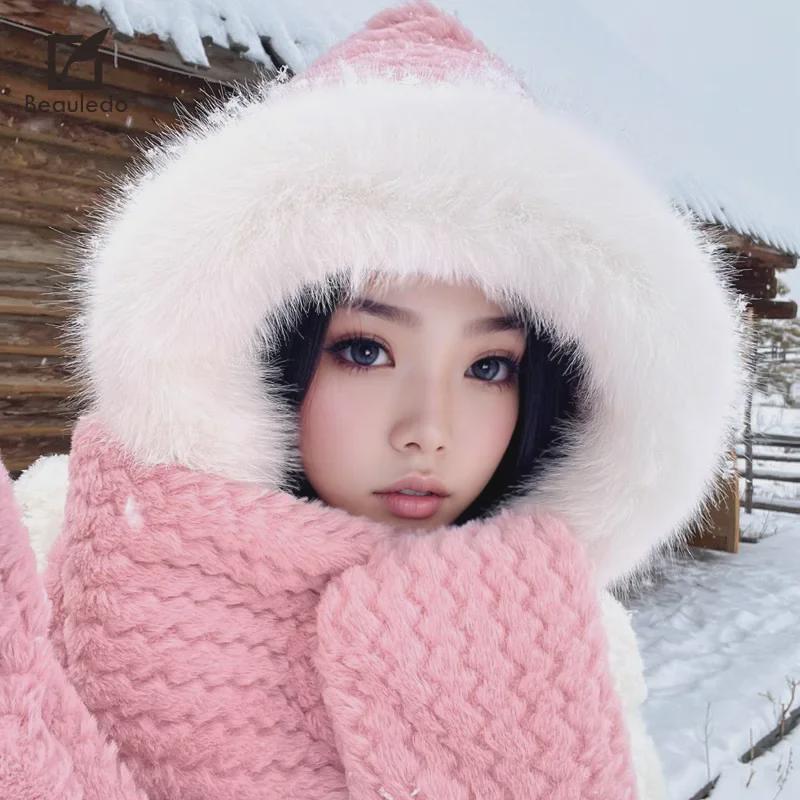 Женский зимний комплект из плюша «все в одном»: Шапка-медведь с шарфом и перчатками — корейский стиль велоспорта на открытом воздухе