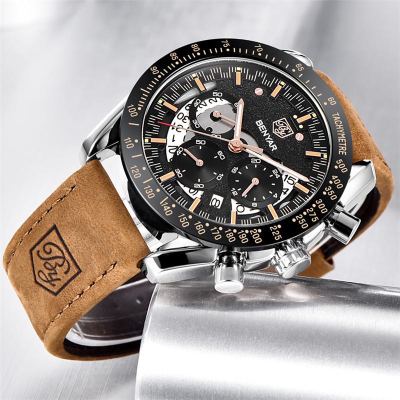 BENYAR Watch Men Sport Quartz Male Chronograph Calendar Top Brand Luxury Clock Genuine Leather Military Business Wristwatch 5120