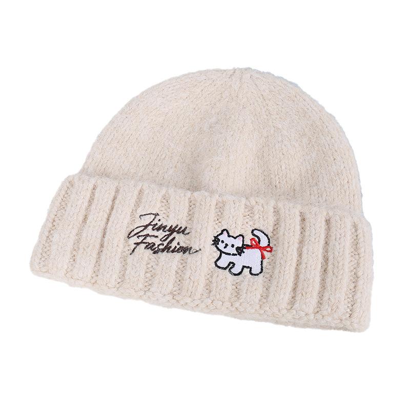 Source new cat letter embroidery knitted wool hat women's autumn and winter flanged warm cold hat stack hat