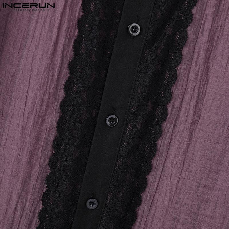 INCERUN Men Lapel Neck Long Sleeve Lace Hem Ruffled Casual See Through Shirts Tops