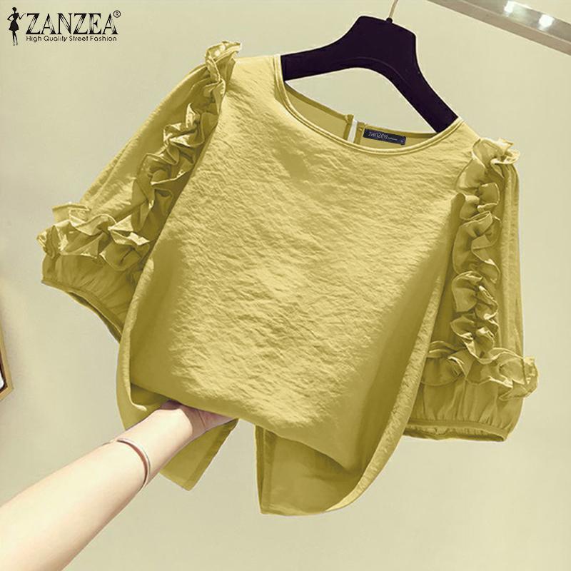 ZANZEA Женская повседневная блузка с круглым вырезом и рукавом 3/4 с оборками