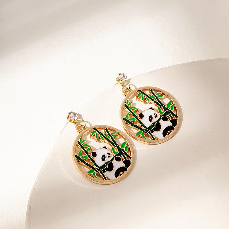 Long Tassel Oriental Idyllic Exquisite And Cute Cartoon Panda Bamboo Diamond Earrings Girl Stud Earrings