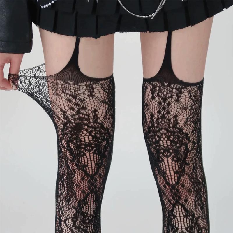 Gothic Punk Lace Floral Tights Solid Color Women Sexy Stockings Hollow Out Mesh Fishnet Pantyhose Lolita Sweet Girls Long Sock