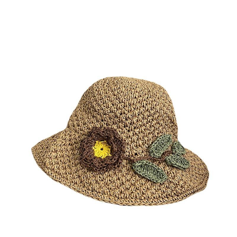 Straw hat female summer sweet handmade flower straw bucket hat ins sun visor hat sun hat travel hat