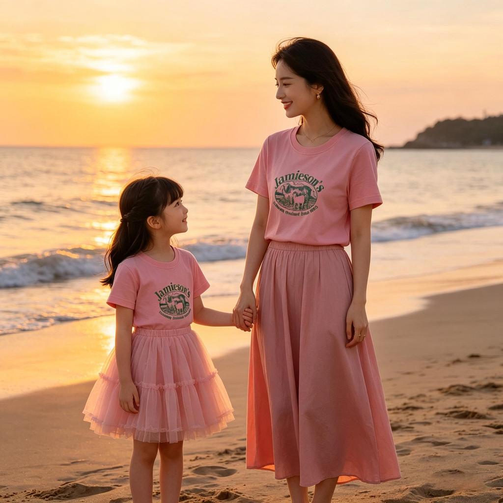 100% Cotton Lamb Print Mother-Daughter Matching Short Sleeve T-Shirt - Round Neck, Casual Top