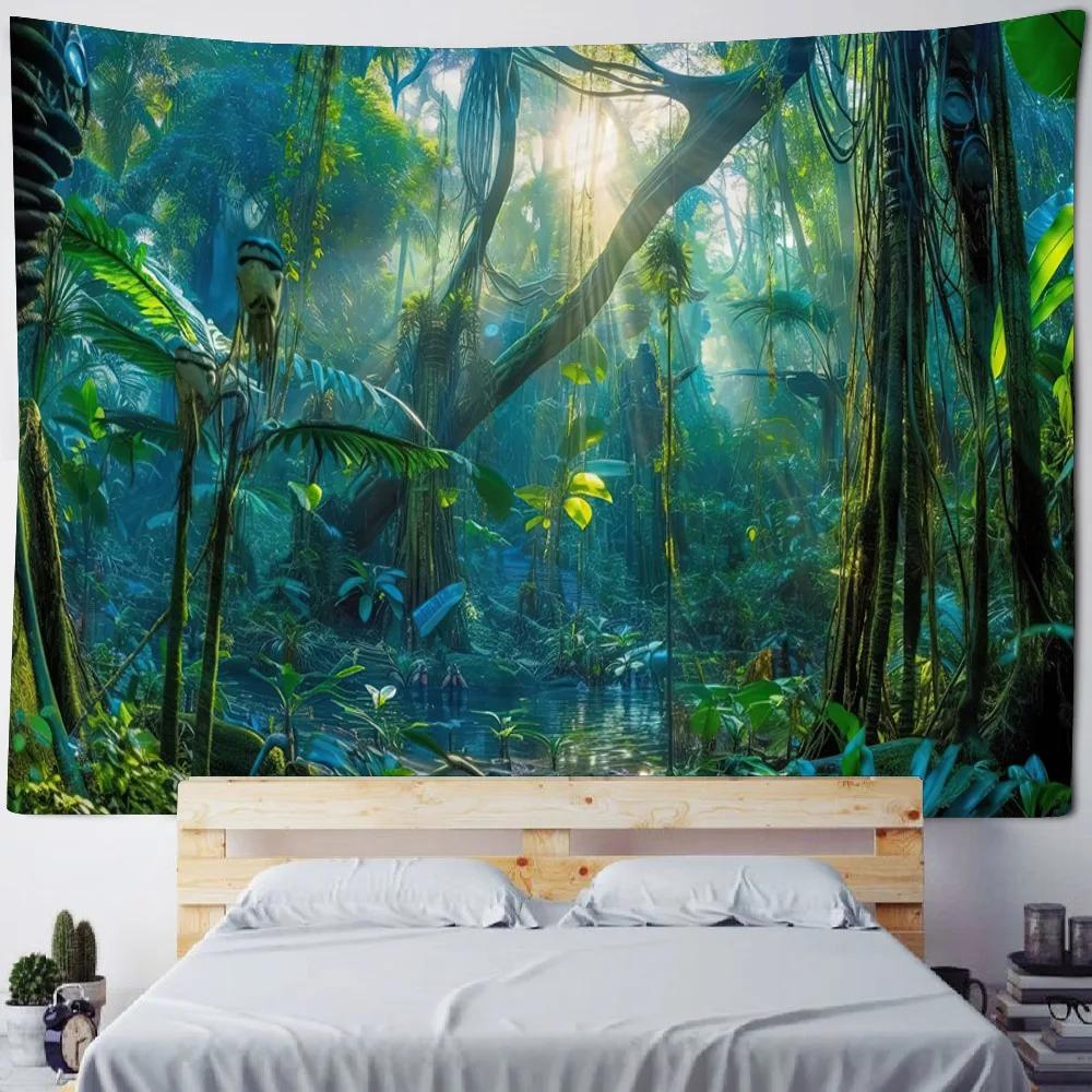 Green Jungle Tapestry Tropical Rainforest Background Wall Hanging Fabric Mural for Home Decoration Living Room Decor