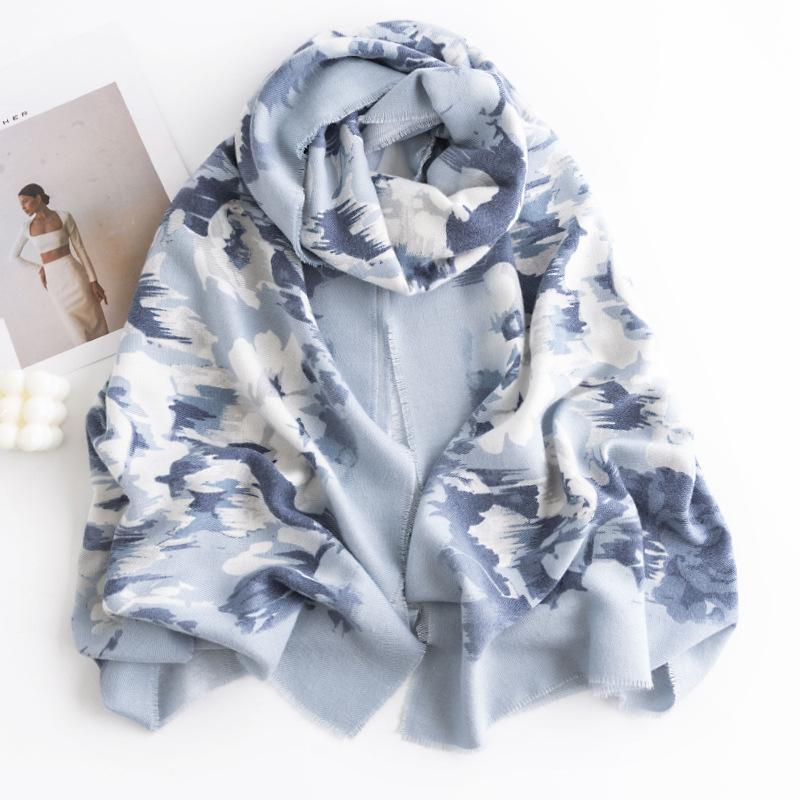 Rose Print Scarf Autumn and Winter Imitation Cashmere Scarf Women's Retro Shawl Warm Scarf
