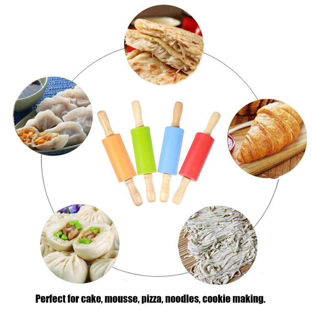 4PCS Silicone Mini Rolling Pin Wooden Handle Cookies Rolling Pin Dough Preparation