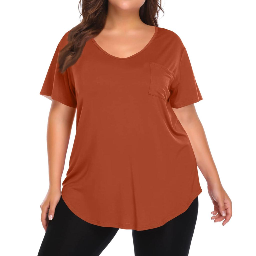 Women's Solid Color Large Size V-neck Top Loose Pocket T-shirt