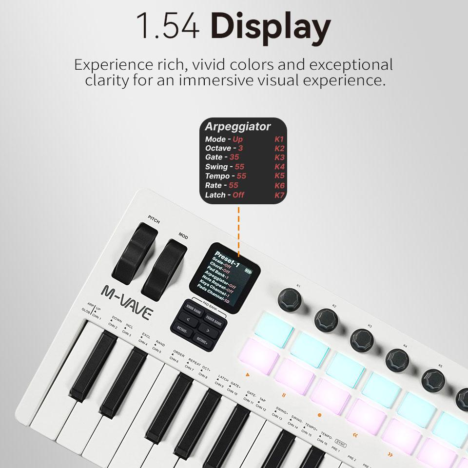 M-VAVE SMK-37 PRO 37 клавиш Клавиатура 3 октавы 16 RGB подсветка Ударные пэды Поддерживает беспроводное подключение к нескольким системам
