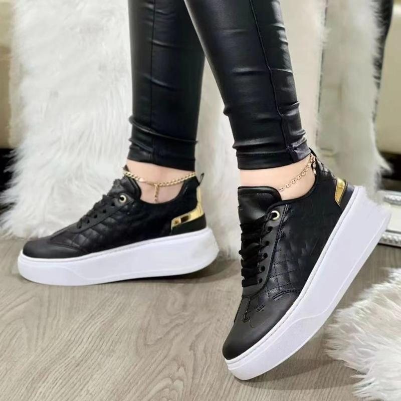 Women's Shoes 2024 New Fashion Tennis Thick Bottom Vulcanized Shoes Casual Leather Lace Up Outdoor Running Black Chaussure Femme