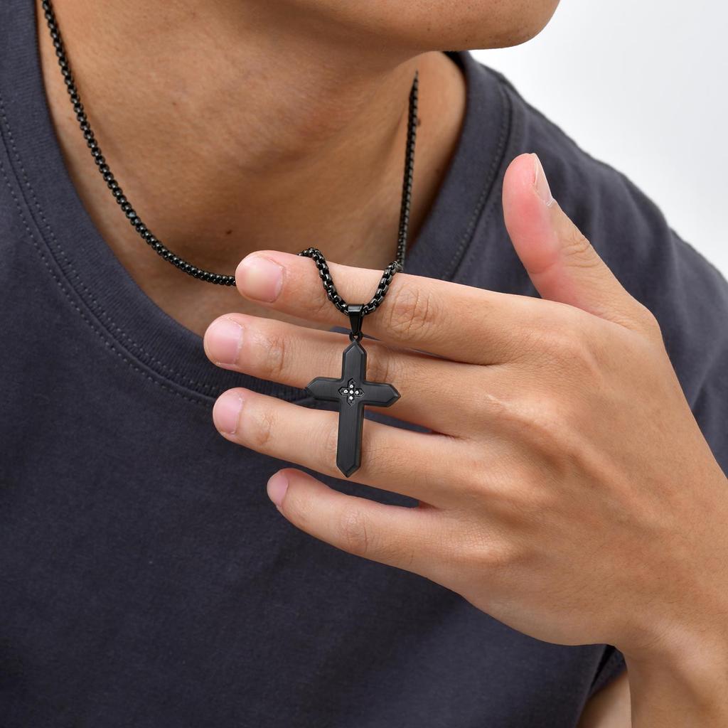 Stylish Stainless Steel Matte Cross Pendant Necklace With Zircon, Waterproof Christian Religious Faith Prayer Jewelry for Men
