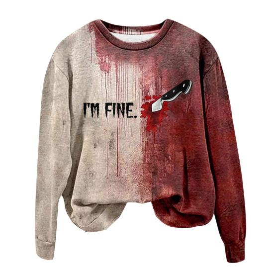 Women Sweatshirt 3D Bloodstain Print Round Neck Casual Halloween Haunted House Cosplay Top Long Sleeves Loose