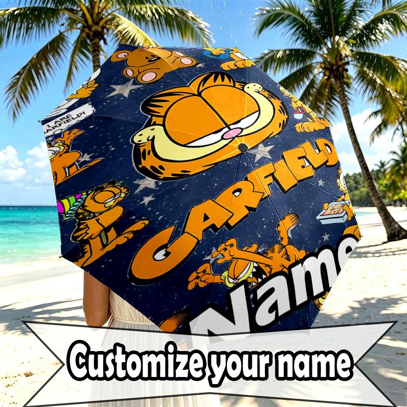 Custom Name Personalized Garfield Print Umbrella, Auto Open Close, 8‑Rib Sturdy Frame, Commute Camping Hiking Use, Birthday Gift