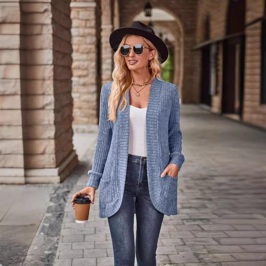 Autumn Winter Women Solid Color Pit Strips Jacket Coats Fashion Ladies Warm Clothing Casual Long Sleeve Cardigan Coat