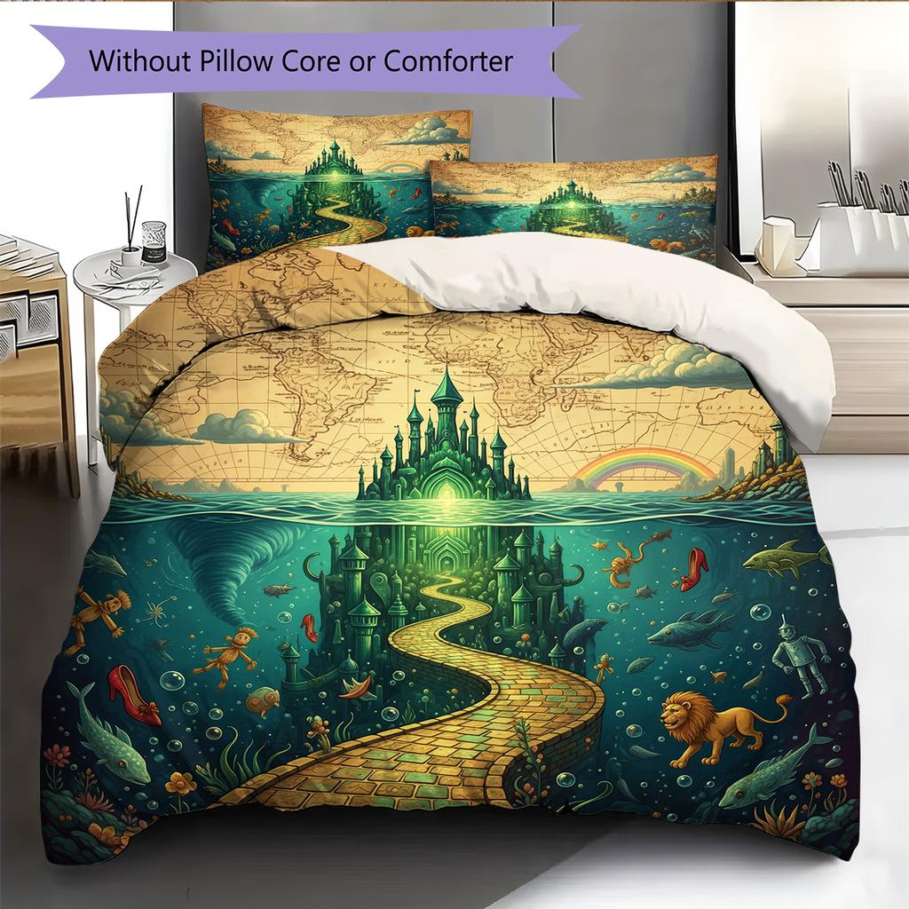 Ocean Fantasy Castle Pattern Bedding Quilt Set Home Decoration Gift (1 * duvet cover + 2 * pillowcase without core)
