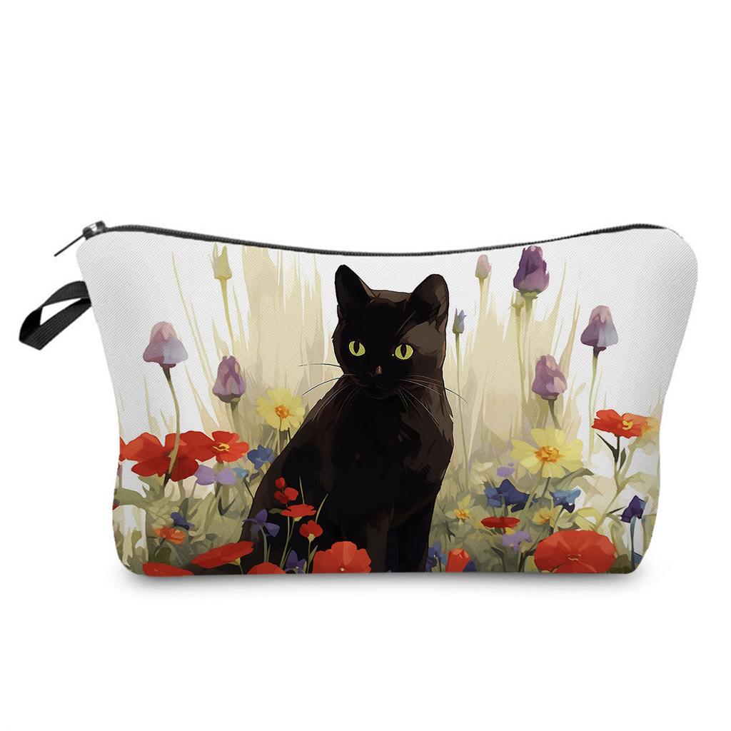Black cat printed cosmetic bag, daily travel nail polish storage bag, lipstick skin care product clutch bag