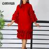 Plus Size Women's Dress Fashion Elegant Tie Multi-Layer Ruffle Flare Sleeve Loose Dresses