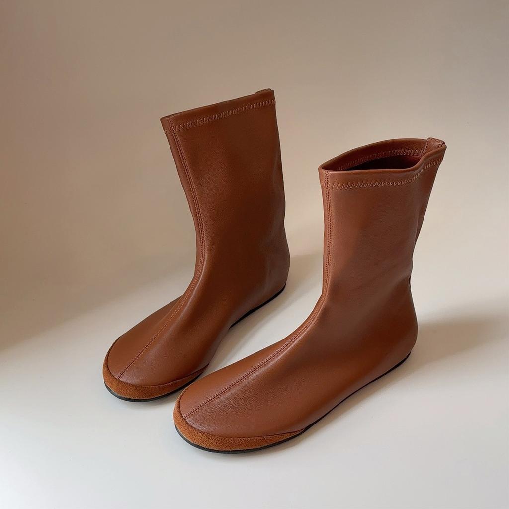 Версия из овчины, круглый носок, ретро, простые тонкие ботинки, плоские короткие ботинки, тонкие ботинки, эластичные ботинки, женские универсальные ботинки-носки для通勤