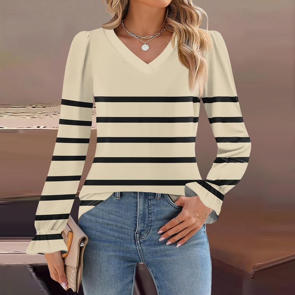 Женский повседневный топ с длинными рукавами и полосатым принтом, с v-образным вырезом