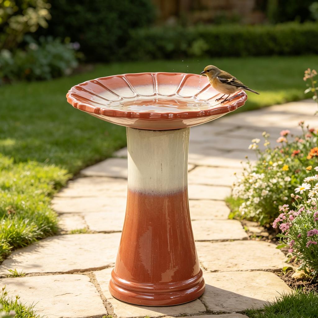 Handmade Ceramic Bird Bath (diameter 43 cm, Height 45 cm), Reddish-Brown-White Glaze, Weatherproof and Frost-Resistant, for Garden