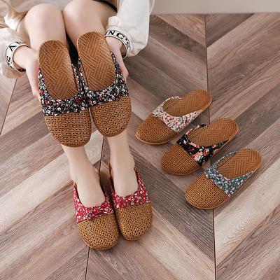 Летние женские льняные тапочки с закрытым носком в стиле ретро