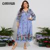 Spring Women's Plus Size Dress Floral Elastic Waist Flared Sleeve Vacation Long Dress
