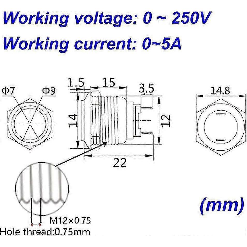 10pcs 12mm 2A 36V Momentary Waterproof Stainless Steel Push Button Switch (High Head) - RIpj