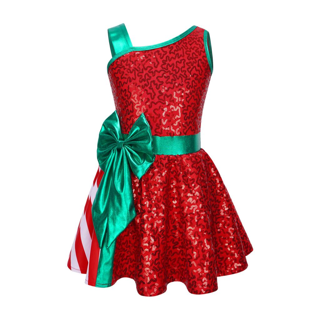 Kids Girls Christmas Elf Costume Shiny Sequined Ballet Dance Ice Skating Performance Leotard Dress