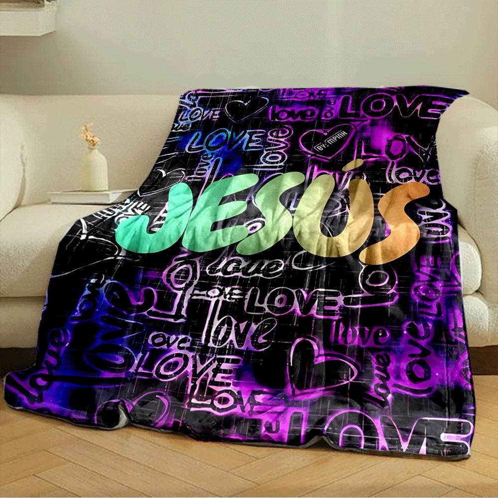 The pattern features vibrant "LOVE" text and hearts on a dark graffiti-style background. for all seasons blanket lunch break throw gift