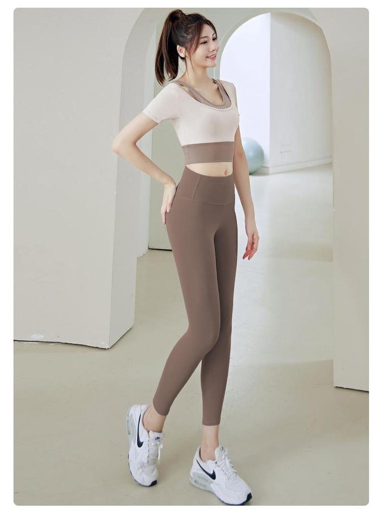 Women's Color Block Two-Piece Short Sleeve Quick-Dry Sports Yoga Top