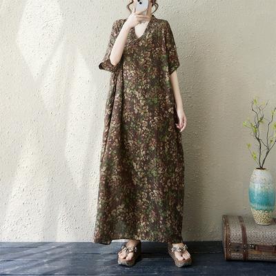 Летнее тонкое хлопково-льняное платье с V-образным вырезом, большого размера, свободное, в литературном стиле, для отдыха, ветровка, пляжная юбка, ретро, скрывающее недостатки фигуры, длинная роба