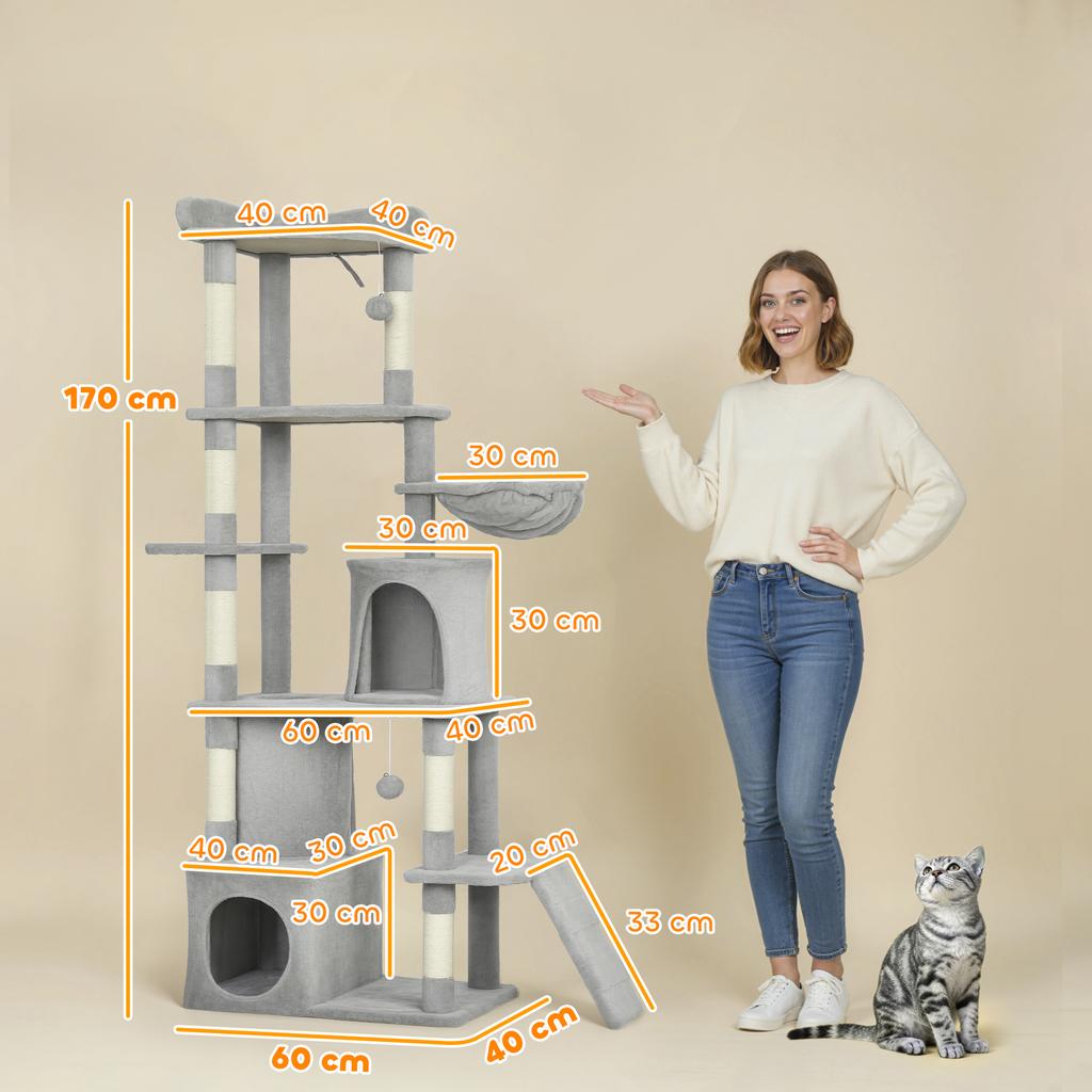 170 cm Large Cat Tree, Cat Tower with 7 Scratching Posts, Tunnel, 2 Condos, Hammock, Perch, Ramp, Pompoms, Light Grey