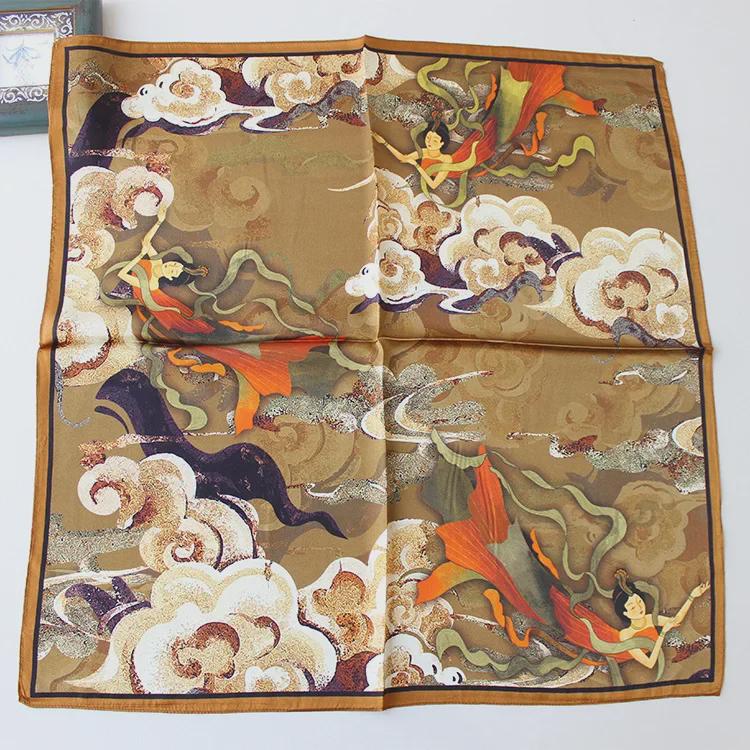 Dunhuang Feitian Xiangyun Mulberry Silk Satin Scarf - National Style, 70cm Square for Women