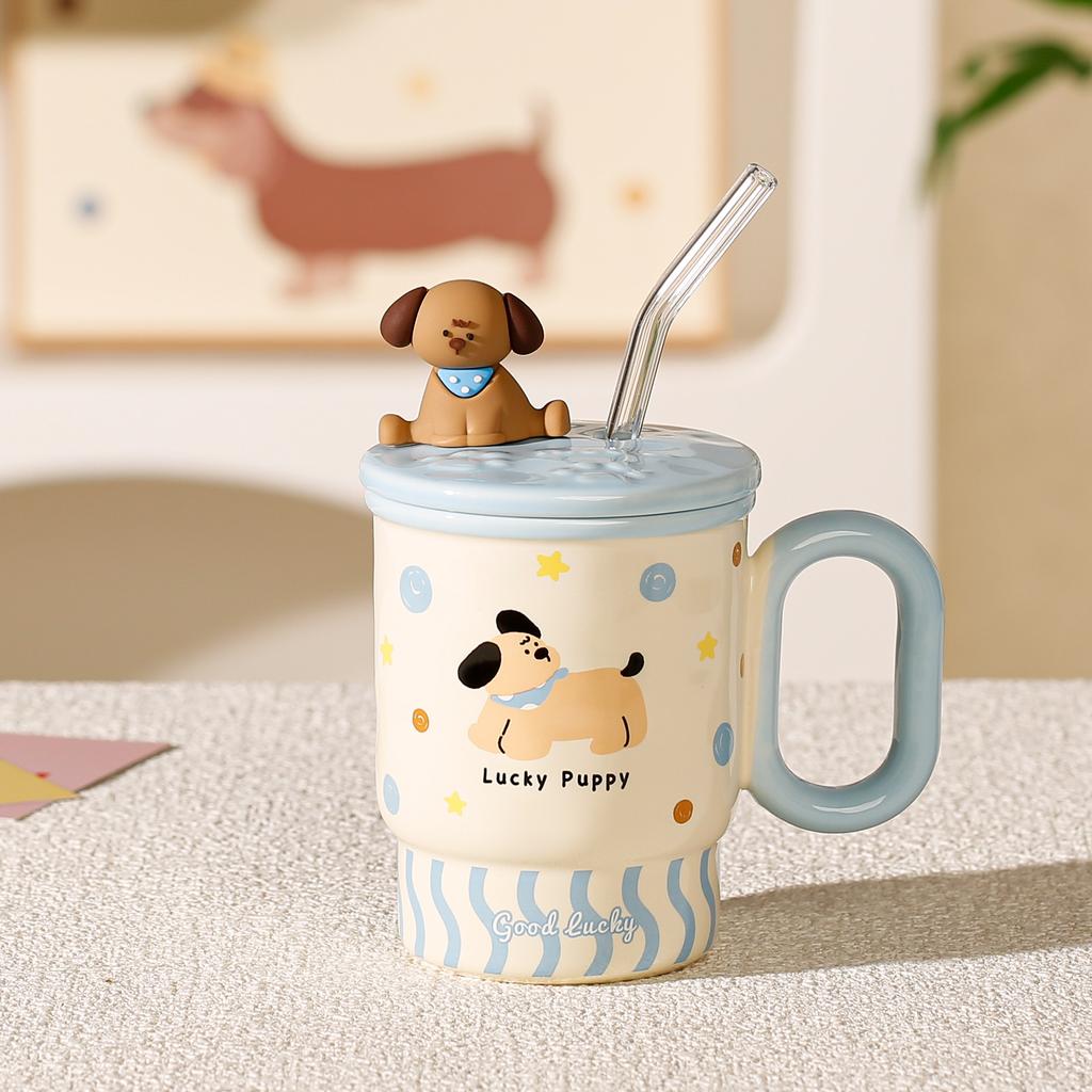 Соломенная кружка большой емкости с крышкой, высокоценная милая керамическая чашка с животным, бытовая чашка для воды, подарок для пары