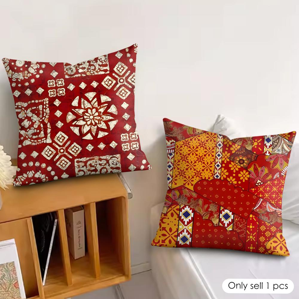 Red Bohemian Style Pillow Case Double-Sided Plush Sofa Cushion Covers Organic Breathable Invisible Zipper