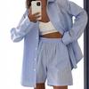 Женский повседневный спортивный костюм 2024: Полосатая рубашка с длинным рукавом и шорты с высокой талией