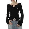 Y2K Gothic Black Crop Tops Women Harajuku Grunge Graphic T Shirts Vintage V-neck Slim Long Sleeve Tees Kpop Aesthetic