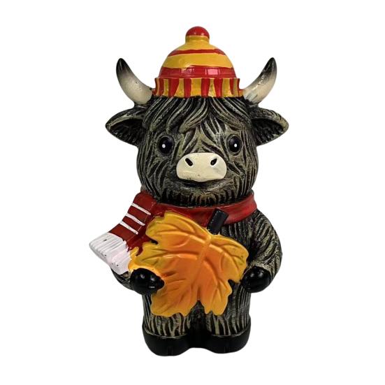 Хэллоуинская фигурка горной коровы из смолы, украшение, символ шотландской культуры, ручная работа, статуэтка коровы с тыквой и кленовым листом