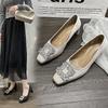 Coarse Heel French Rhinestone Square Head Shallow Mouth Single Shoes Women's Summer 2025 New French Temperament High Heels Dinner Shoes